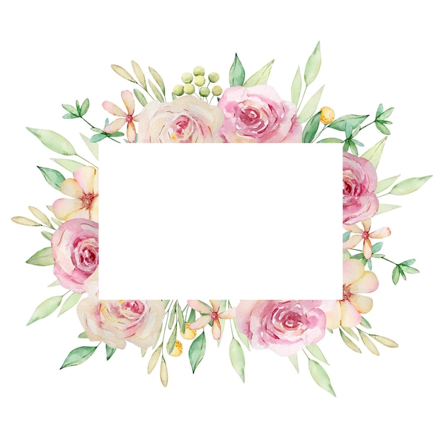 Cadre floral rectangulaire aquarelle de roses roses