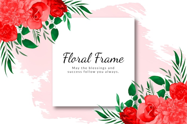 Cadre floral romantique avec rose rouge et feuilles vertes avec fond aquarelle premium