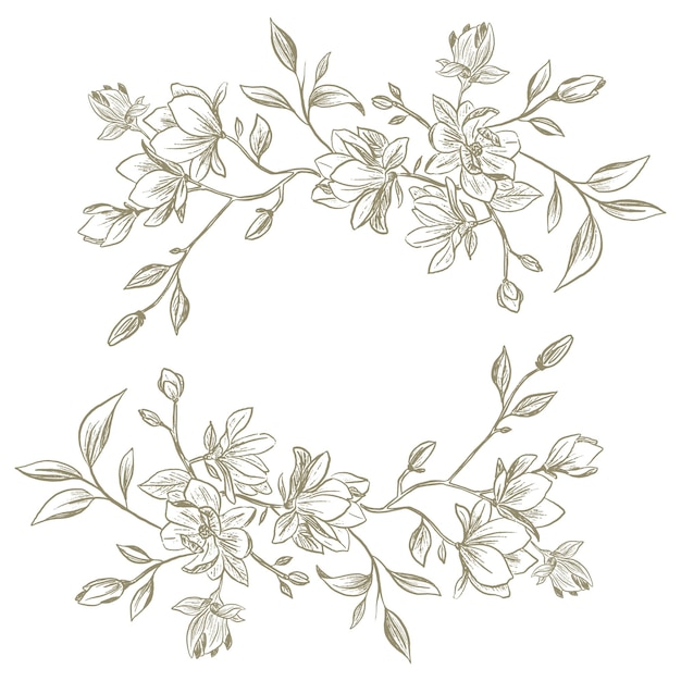 Vecteur cadre floral de style croquis dessiné à la main avec magnolia