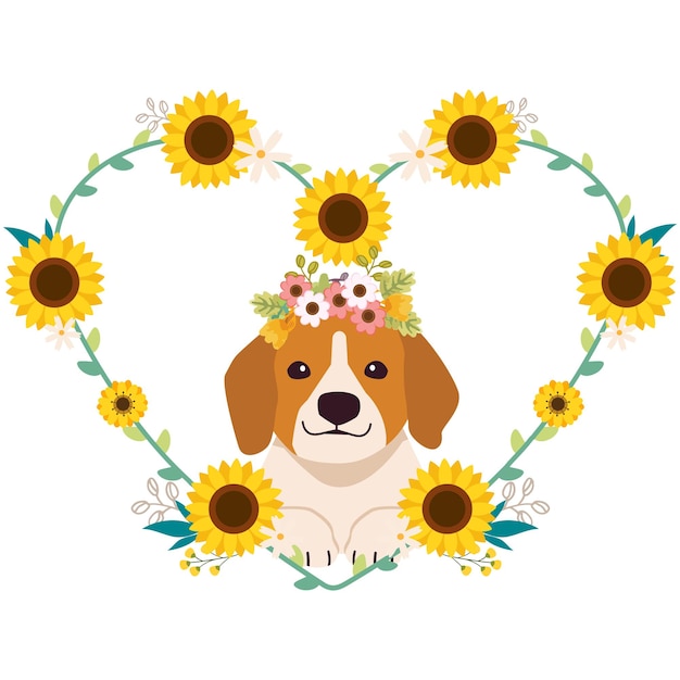 Le Cadre En Forme De Coeur De Couronne De Fleurs Avec Chien Beagle Dans Un Style Vectoriel Plat