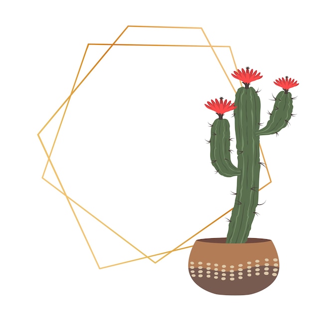 Vecteur cadre géométrique de cactus et d'or dans le style scandi bordure de polygone pour invitation ou carte de voeux avec plante hérissée et fleurie