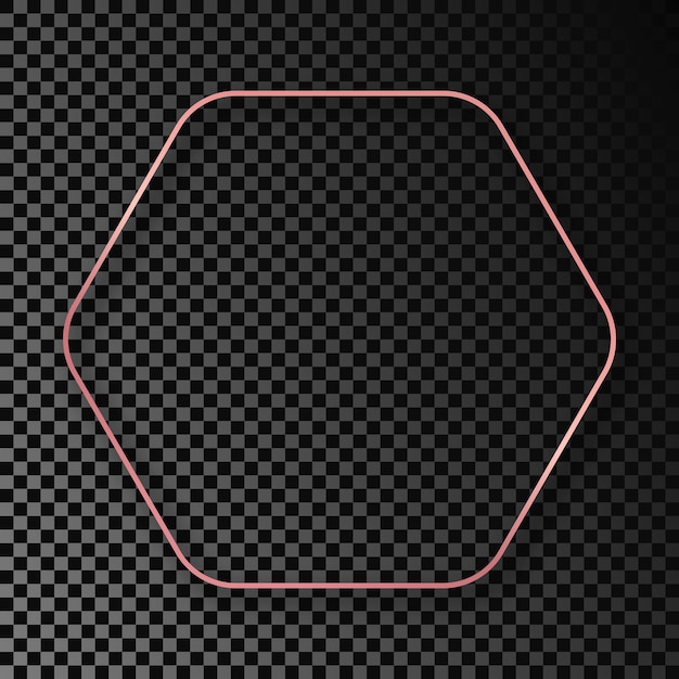 Cadre hexagonal arrondi brillant en or rose avec ombre isolée sur fond transparent foncé cadre brillant avec effets lumineux illustration vectoriel