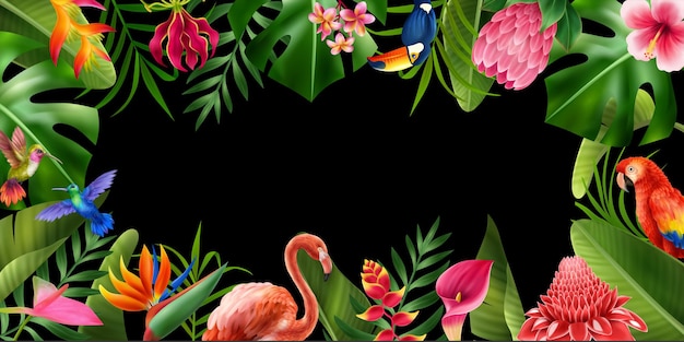 Vecteur cadre horizontal réaliste de fleurs exotiques avec illustration vectorielle de symboles de beauté tropicale