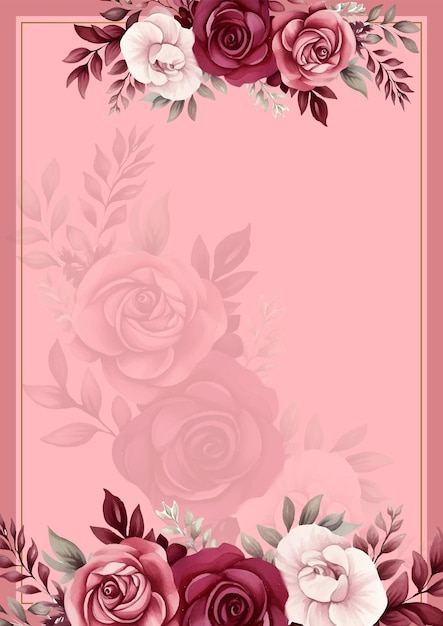 Vecteur cadre d'invitation à fond de couronne moderne rose rouge et blanc avec flore et fleurs