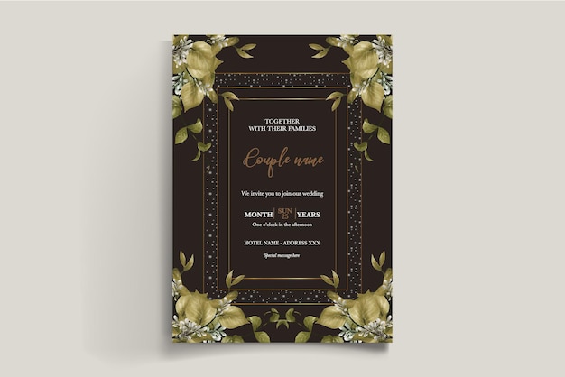 Un cadre d'invitation de mariage avec des décorations de fleurs avec des feuilles fraîches