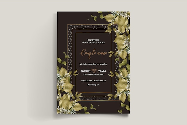 Un cadre d'invitation de mariage avec des décorations de fleurs avec des feuilles fraîches