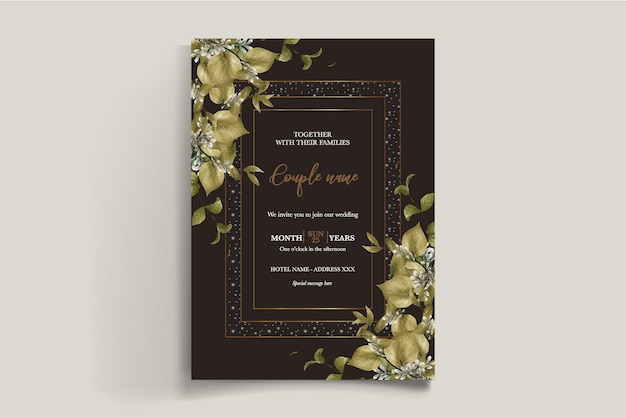Un cadre d'invitation de mariage avec des décorations de fleurs avec des feuilles fraîches