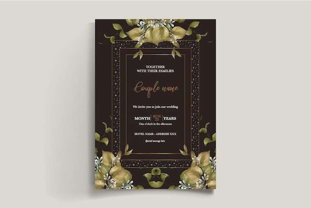 Un cadre d'invitation de mariage avec des décorations de fleurs avec des feuilles fraîches