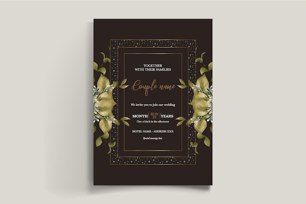 Un cadre d'invitation de mariage avec des décorations de fleurs avec des feuilles fraîches