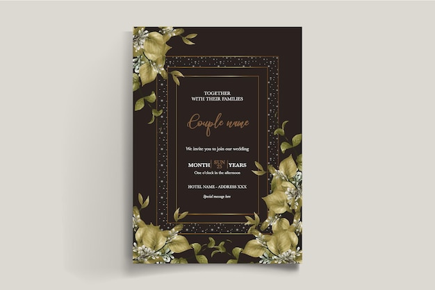 Un cadre d'invitation de mariage avec des décorations de fleurs avec des feuilles fraîches