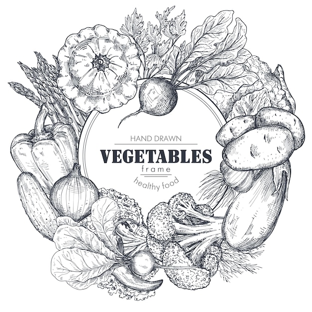 Cadre avec des légumes de ferme vectoriels dessinés à la main dans un style de croquis Composition de bordure ronde