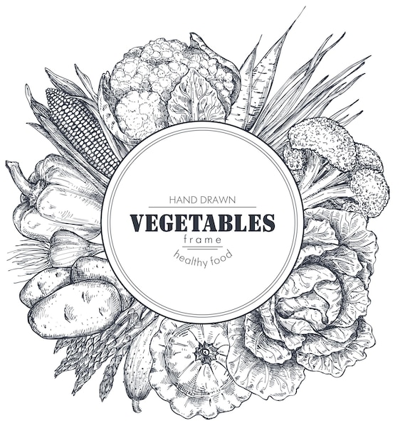 Cadre Avec Des Légumes De Ferme Vectoriels Dessinés à La Main Dans Un Style De Croquis Composition De Bordure Ronde