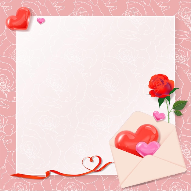 Cadre avec lettres, roses, rubans et coeurs