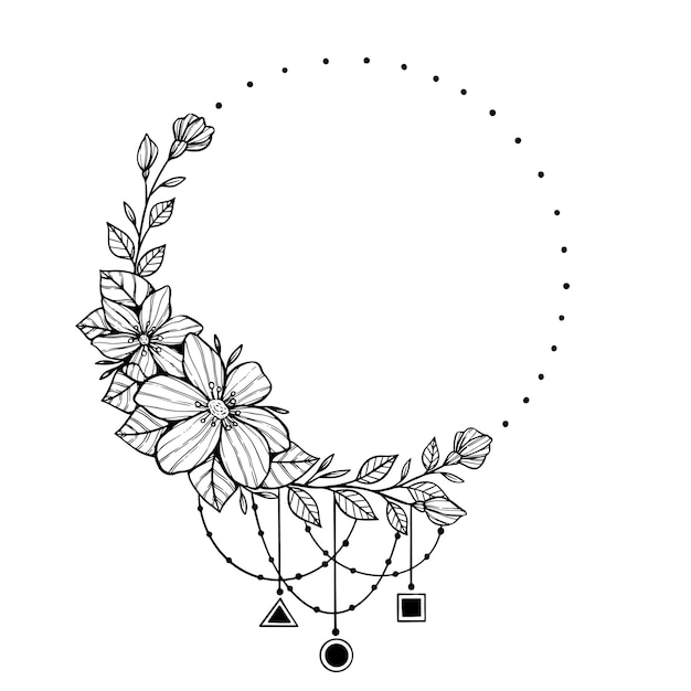 Cadre De Modèle De Logo De Marque Féminine Floristique Dessiné à La Main Noire Avec Des Branches De Fleurs Délicates