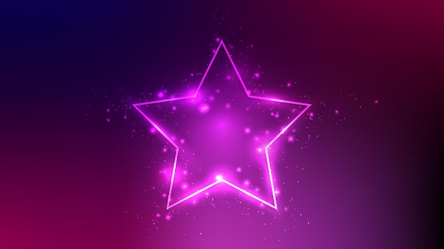 Cadre néon en forme d'étoile avec effets brillants et scintille sur fond violet foncé