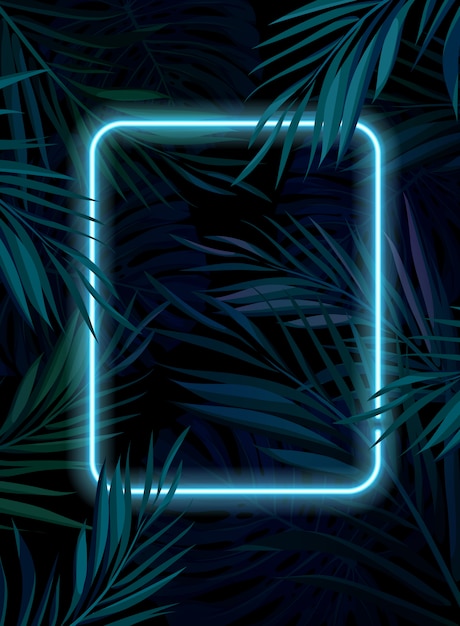 Vecteur cadre néon lumineux tropical. feuilles de palmier jungle sombre nuit. illustration de fond d'été.