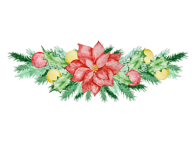 Cadre De Noël Aquarelle De Branches De Sapin Et De Pin Avec Des Décorations