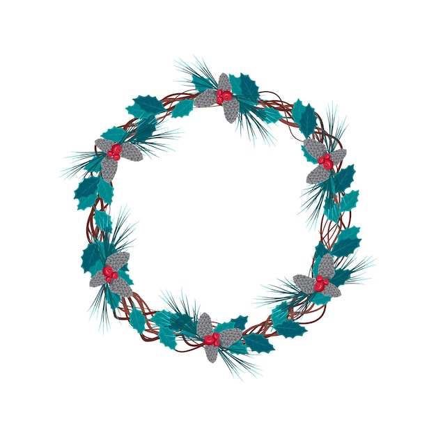 Cadre De Noël Rond De Branches De Sapin Et De Pin Bleu Longues Aiguilles De Conifères Et Cônes D'argent Avec Re...