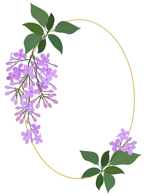 Vecteur cadre ovale doré avec une branche de fleurs de lilas violet isolée sur un fond blanc illustration vectorielle.