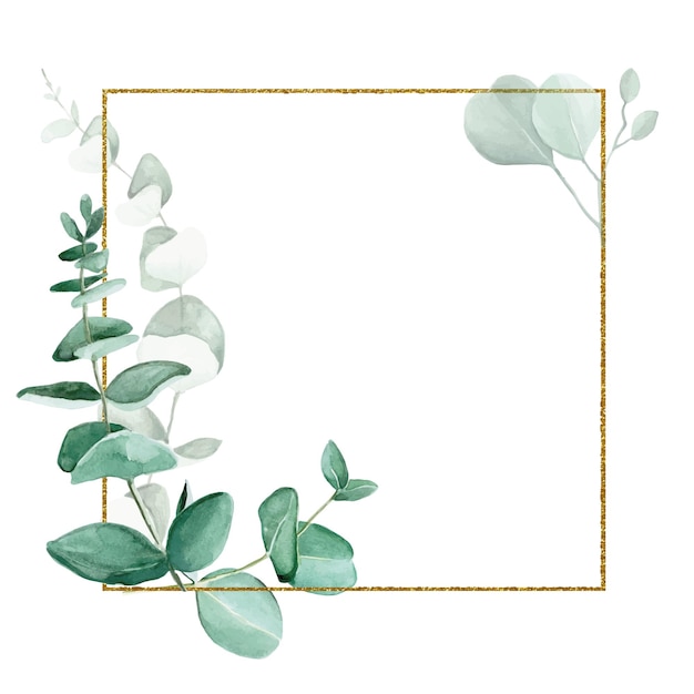 Cadre De Paillettes Dorées Avec Des Feuilles D'eucalyptus Aquarelles Isolées Sur Fond Blanc