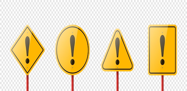 Cadre de panneau d'arrêt d'avertissement jaune vectoriel avec un point d'exclamation Ensemble d'icônes Cercle rhombus isolé Triangle rectangle Collection de panneaux dangereux Modèle de conception de panneau routier