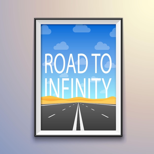 Vecteur cadre photo sur le mur, route vers l'autoroute à l'infini, route dans le désert, illustration vectorielle, fond de route.