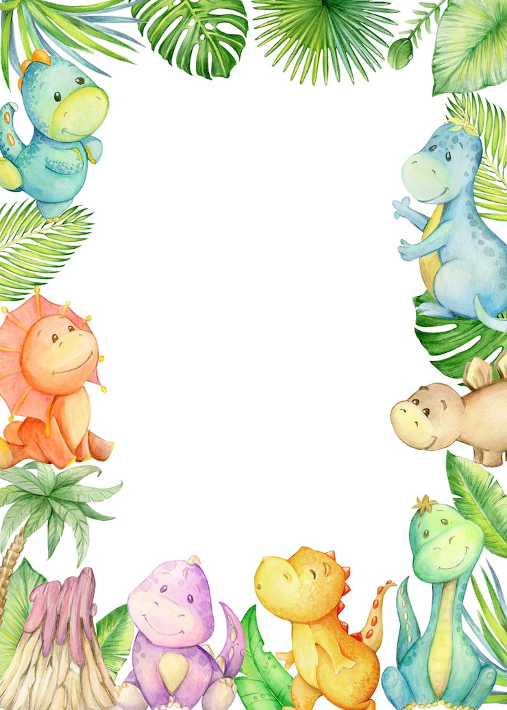 Vecteur cadre pour bébé avec des dinosaures à l'aquarelle pour la douche pour bébé