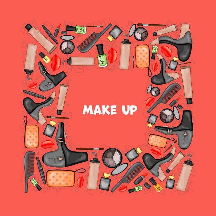 Vecteur cadre pour texte avec un ensemble d'articles de beauté style dessin animé illustration vectorielle