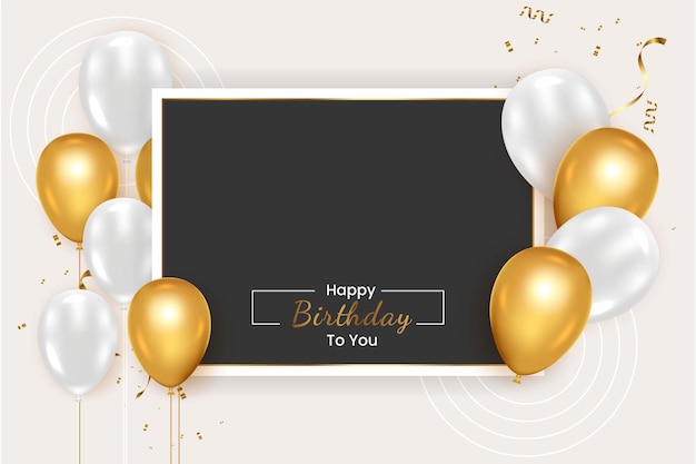 Cadre rectangle d'anniversaire avec un ballon doré réaliste avec des confettis