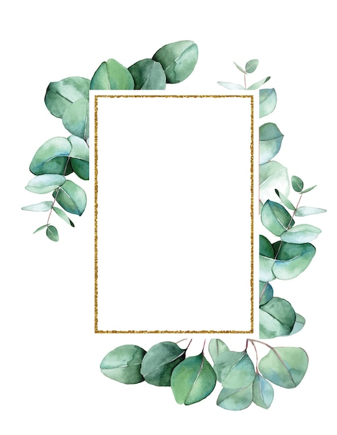 cadre rectangulaire doré avec des feuilles d'eucalyptus vert aquarelle dessin clipart