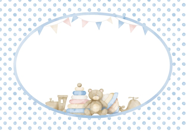 Cadre Rectangulaire Avec Jouets Pour Enfants Pour Cartes De Voeux Ou Invitations De Douche De Bébé Modèle Aquarelle Dessiné à La Main Dans Des Couleurs Pastel Bleu Et Beige Pour La Fête D'anniversaire Avec Un Espace Pour Le Texte Pour Garçon Ou Fille