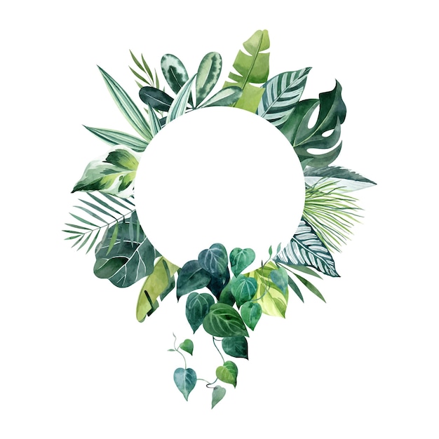 Cadre rond aquarelle de feuilles tropicales avec espace de copie Clipart vectoriel de verdure