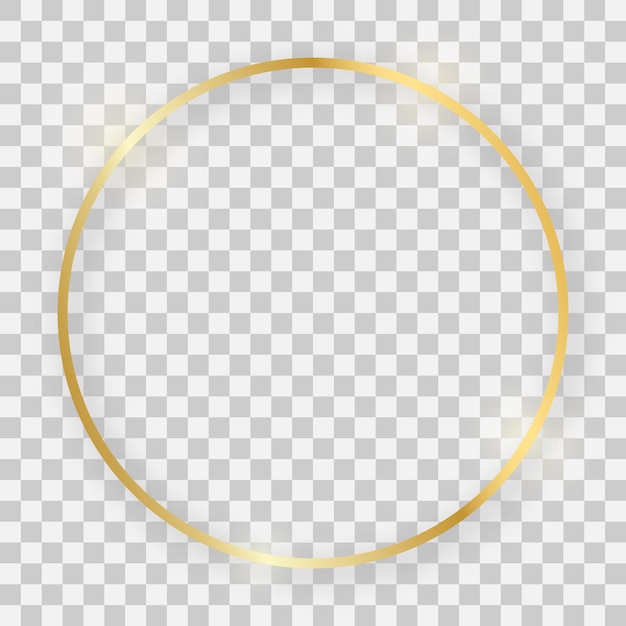Cadre rond brillant doré avec effets lumineux et ombres sur fond transparent. Illustration vectorielle