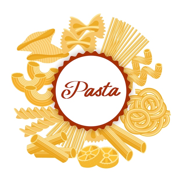 Cadre rond avec différents types de pâtes traditionnelles sur fond blanc étiquette de jeu de pâtes italiennes