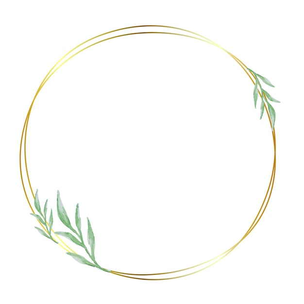 Vecteur cadre rond doré avec illustration florale aquarelle bordures de forme ronde avec des feuilles vertes sur fond blanc éléments de conception de cercle de ligne géométrique