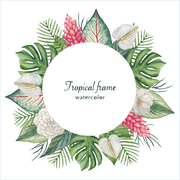Cadre rond avec feuilles et fleurs aquarelles tropicalesFond tropical