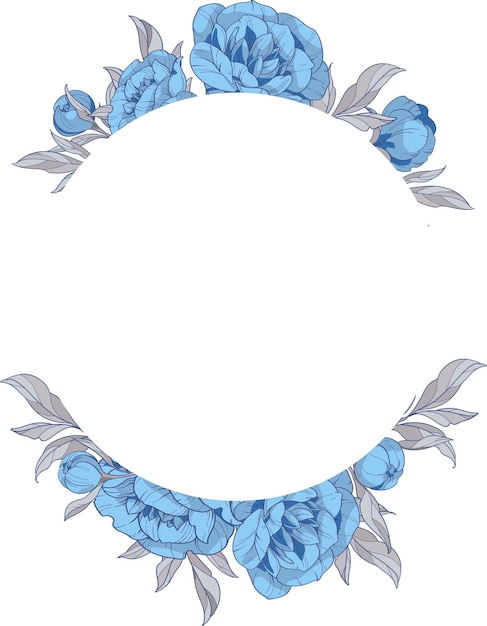 Vecteur cadre rond avec des fleurs de pivoines bleues illustration vectorielle dessinés à la main