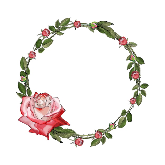 Cadre rond floral avec fleur rouge rose et feuilles vertes sur fond blanc