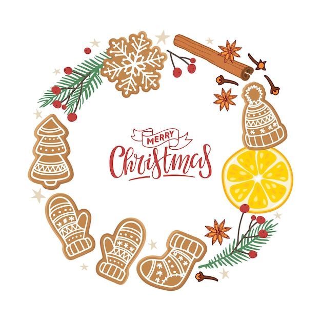 Cadre Rond D'hiver De Couronne De Joyeux Noël Avec La Branche D'arbre De Noël De Biscuits De Pain D'épice