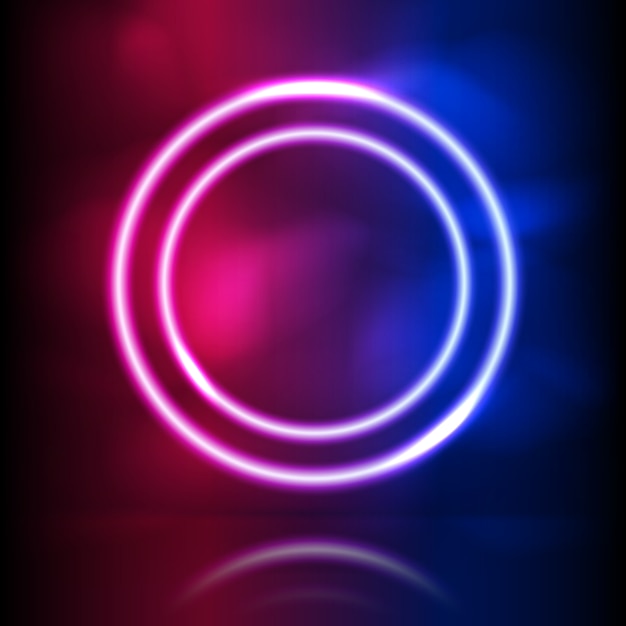 Cadre rond néon brillant. Éclairage incandescent et boucles de fumée. Spectre laser bleu rose, couleurs vibrantes