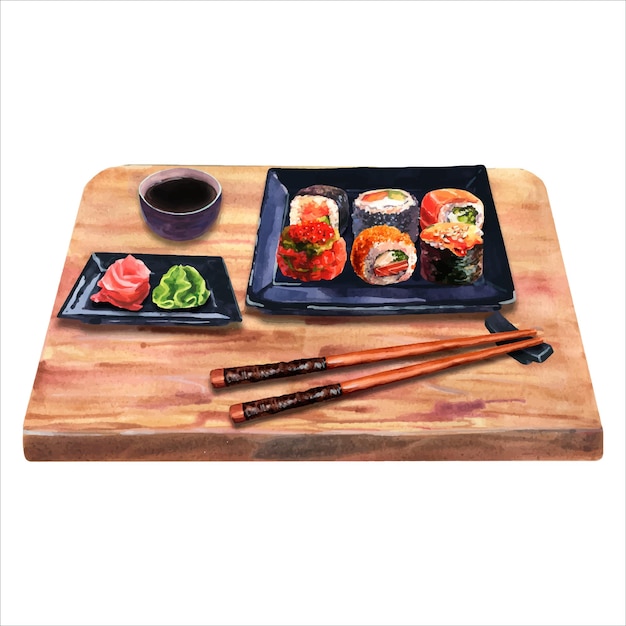 Vecteur cadre rond avec de la nourriture japonaise à l'aquarelle. illustration dessinée à la main de sushi, maki, petits pains.