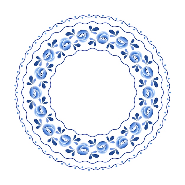 Cadre rond en porcelaine russe floral fleurs bleues avec bel ornement folklorique. illustration. Composition décorative.