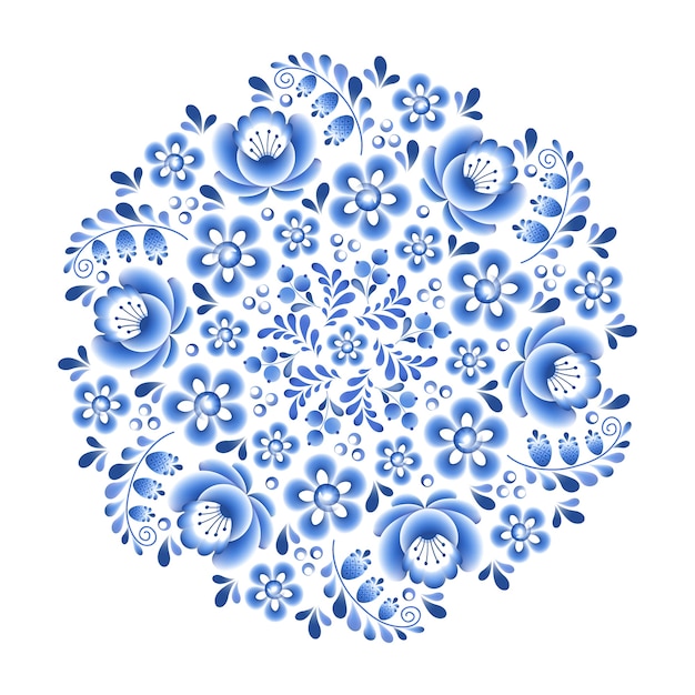 Cadre rond en porcelaine russe floral fleurs bleues avec bel ornement folklorique. illustration. Composition décorative.
