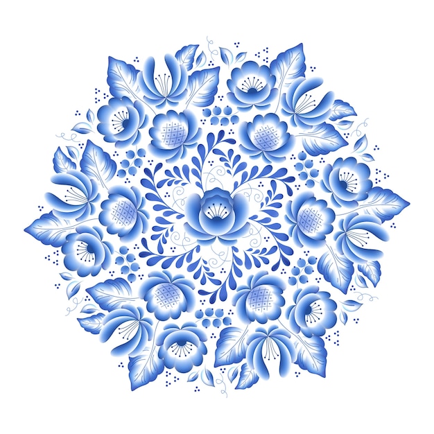Cadre rond en porcelaine russe floral fleurs bleues avec bel ornement folklorique. illustration. Composition décorative.