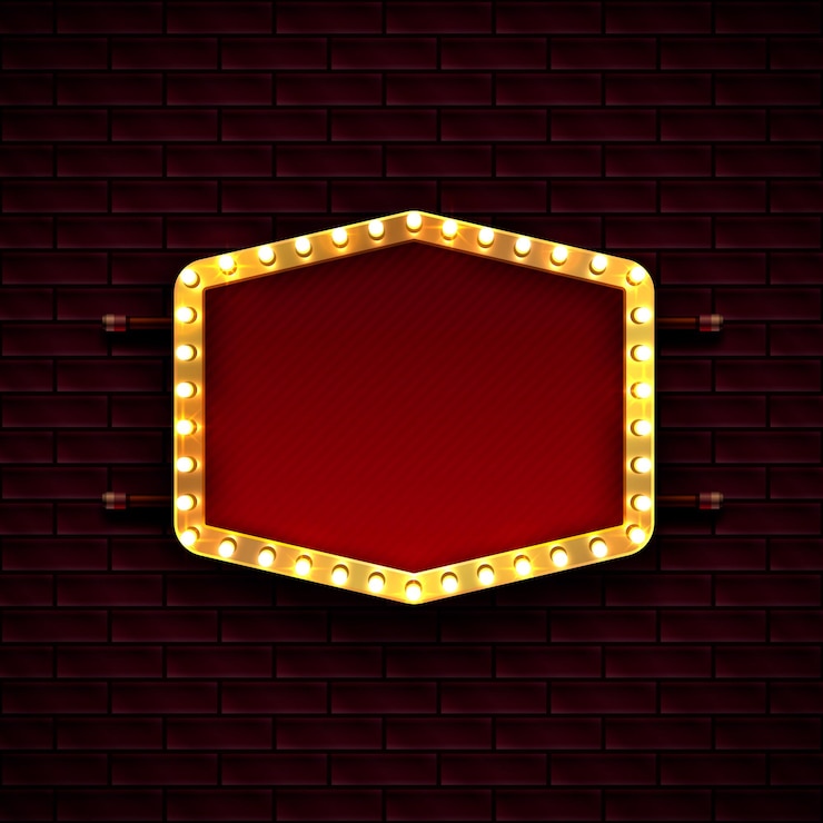 Vecteur cadre rouge doré avec des ampoules sur le fond du mur de briques. illustration vectorielle