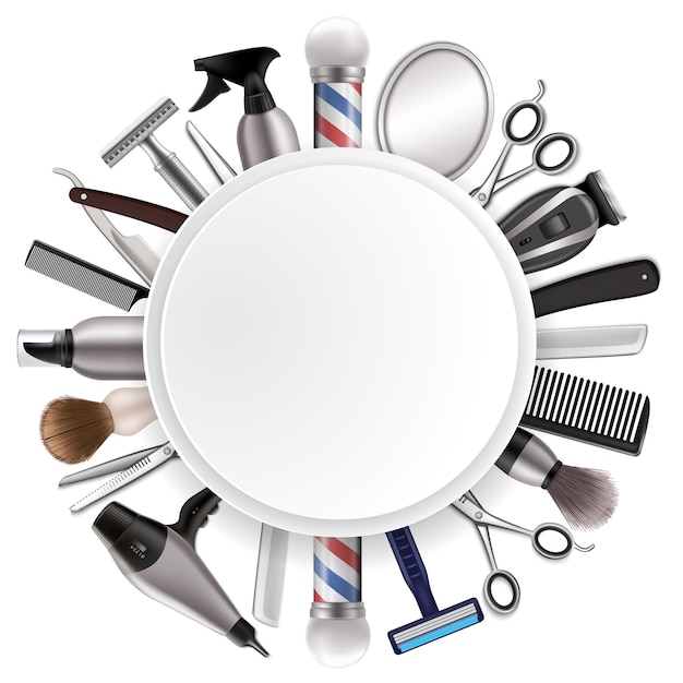 Vecteur cadre de salon de coiffure avec illustration réaliste vectorielle d'outils de coiffeur