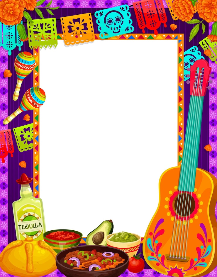 Vecteur cadre de vacances mexicain avec nourriture de cuisine tex mexicaine