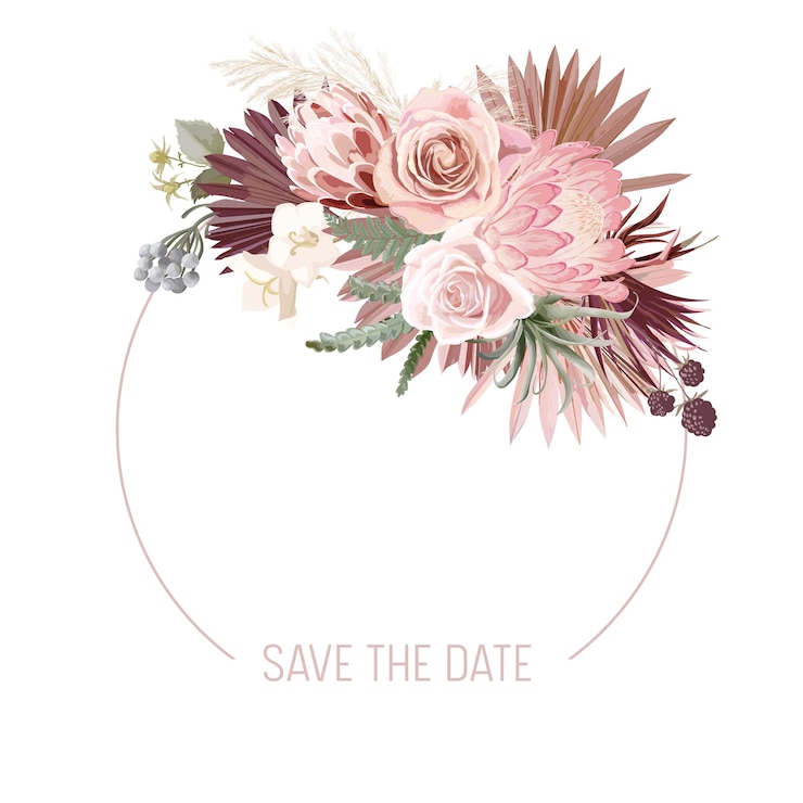 Vecteur cadre de vecteur de mariage floral boho. herbe de pampa à l'aquarelle, protéa, fleurs d'orchidées, modèle de bordure de feuilles de palmier sèches pour la cérémonie de mariage, carte d'invitation minimale, bannière d'été décorative