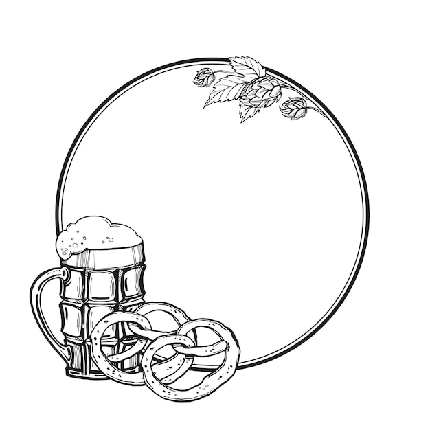 Vecteur cadre vectoriel dessiné à la main avec des verres de bière et une plante de houblon pretzel illustration en noir et blanc de l'oktoberfest avec un ingrédient de bière croquis à l'encre isolé sur fond blanc