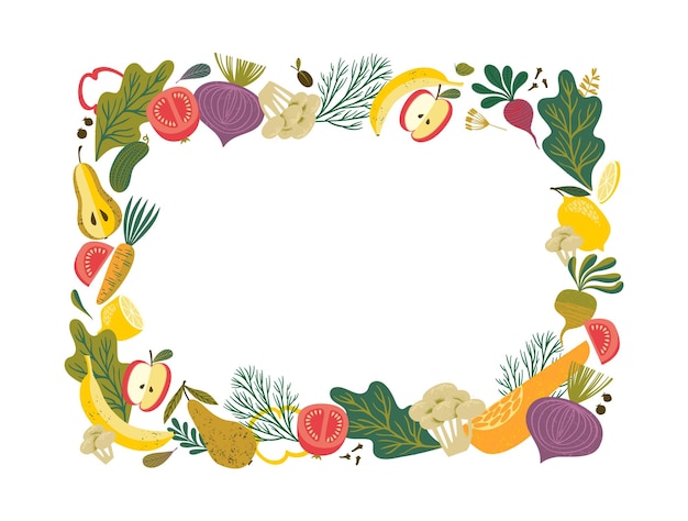 Vecteur cadre vectoriel avec fruits et légumes illustration d'aliments sains conception isolée